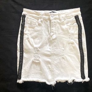 White Stretch Denim Distressed Mini Skirt